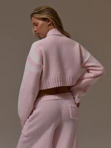 Musera Sport Knitted Funnel Neck Quarter Zip Contrast Panel Design Boxy Cropped Fit Coord Jumper Cute Girly Autumn Winter Fall Gym Holiday Dainty Ice - Pink - View 4