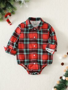 SHEIN Baby Boy Colorful Plaid Collar Long Sleeve Romper, Versatile And Comfortable - Multicolor - View 8