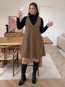 Lounesse 女款大尺碼純色長袖上衣與洋裝休閒日常兩件套，適合秋季/冬季外出與辦公工作穿搭套裝 - 咖啡棕 - 查看 4