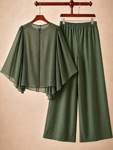 Linhara Plus Size Women's Army Green Printed Chiffon Round Neck Long Sleeve Ruched Rhinestone Button Decor Asymmetrical Hem Top And Long Wide Leg Pants 2 Pieces Set, Suitable For Daily Commute, Date, Vacation, Light Luxury Loose Drape Comfortable Plus Size Women's Clothing - Army Green - View 2
