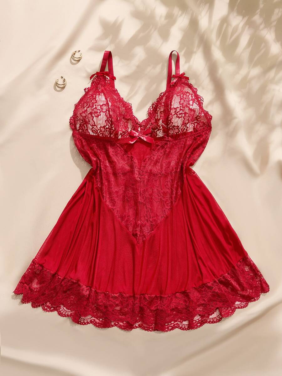 SHEIN Plus Size Sexy Lingerie (Lace Patchwork Dress) - Burgundy - View 1
