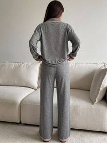 DAZY 2pcs Lace Patchwork Cardigan Long Sleeve Straight Leg Long Pajama Pants Women's Sleepwear Set - Grey - View 2