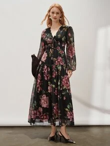 Aveloria Modichic 女款 A 字長洋裝 雪紡 V 領燈籠袖 分層抽繩設計 優雅黑色花卉長裙 秋季女裝長洋裝 - 棕色 - 查看 7