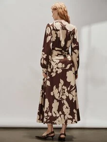 Aveloria Modichic European And American Style Autumn/Winter New Fashion Versatile Floral Print V-Neck Pleated Design Elegant Commute Classic Women's Long Dress - Multicolor - View 2