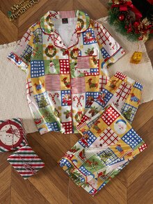 Dream Adore Vintage Plaid Christmas All-Over Print Lapel Cardigan Faux Silk Short Sleeve Pants Set - Multicolor - View 4