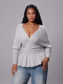 Rustia Plus Size Ribbed Waist Fashion Pullover Sweater - Light Grey - View 3