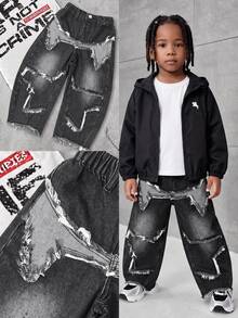Boys' Black & Grey Washed High-Waist Elastic Curved Leg Horseshoe Jeans With Heavy Distressed Large Five-Point Star, Frayed Hem, Contrast Patchwork, Casual School Daily Wear - Black - View 1