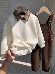 SHEIN 兒童小男孩/小女孩 2件組秋冬休閒時尚運動衫套裝，POLO領運動衫搭配綠色燈芯絨吊帶褲套裝，小男孩秋冬服飾套裝，Squishy - 卡其色 - 查看 4