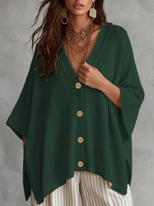 Linhara CURVE Plus Size Women Solid Color Knit Shawl Cardigan V-Neck Metal Button Suitable For Daily Casual Office Vacation Plus Size Women Cardigan - Green - View 5