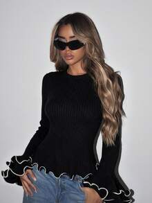 SHEIN ICON Women's Elegant Bell Sleeve Ruffle Hem Contrast Trim Long Sleeve Fitted Peplum Contrast Color Ribbed Fall Sweater - Black - View 1
