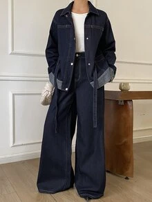 DAZY Women's Washed Dark Blue Loose Tie Waist Cinched Waist Denim Set - Dark Wash - View 3