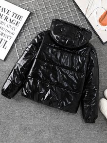 SHEIN Teen Boy Solid Color Long Sleeve Zip-Up Casual Hooded Winter Jacket - Black - View 7