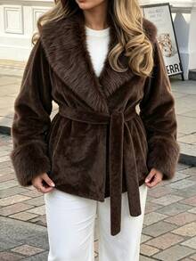 Easura Plus Size Women Solid Color Long Sleeve Waist Tie Fashion Faux Fur Coat - Coffee Brown - View 1
