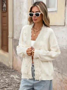 Brillora Autumn/Winter Sweater Collar Patchwork Lace Romantic Vacation Long Sleeve Casual Textured Back To School Date Shopping Thick Knit Cardigan - Apricot - View 3