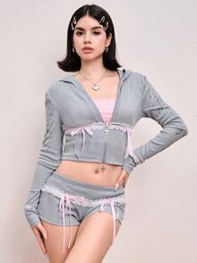 ROMWE Y2K Setelan 2 Potong Kardigan Berkerudung dan Celana Pendek Musim Gugur/Dingin untuk Wanita - Light Grey - View 6