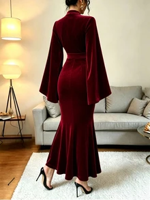SHEIN Women's Autumn/Winter Solid Color Stand Collar Frog Button Long Sleeve Elegant Dress - Burgundy - View 2
