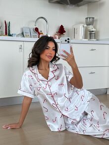 ZzzCrew Christmas Candy Cane Print Faux Silk Pajama Set, Exquisite Lapel Home Leisure 2 Pieces Set - Red and White - View 9
