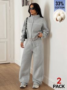 Coolane Women's Fall/Winter Basic Grey Casual Gym Two Pieces Outfits 33%Cotton Streetwear Sportswear Zip Front Hoodie & Drawstring Pants Banded Texture Set - Grey - View 5