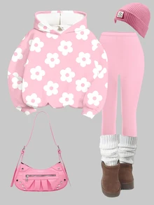 Setelan 2 Potong Hoodie dan Legging Motif Bunga untuk Anak Perempuan Remaja - MultiWarna - View 2