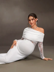 Cheriluna Maternity Maternity White Knit Contrast Lace Elegant Dress For Photography - White - View 3