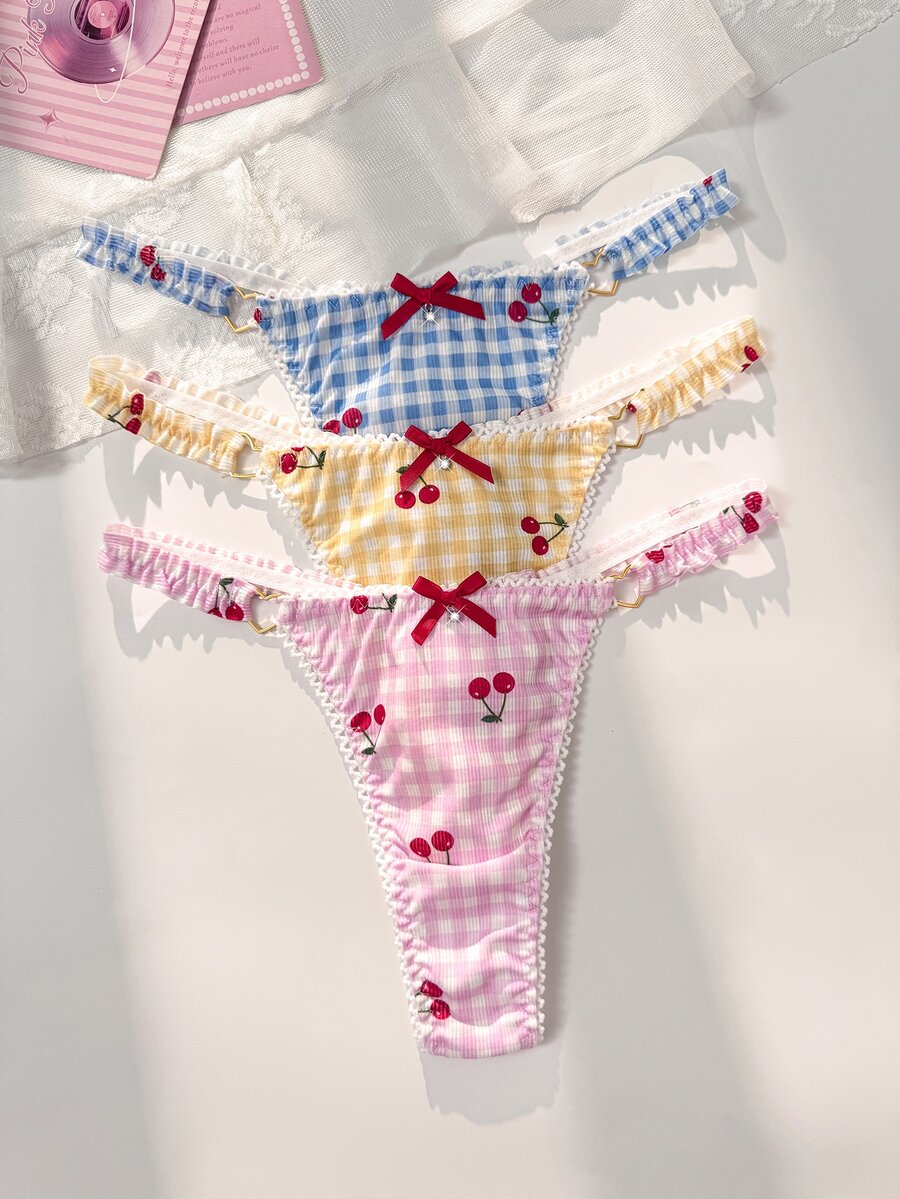 PetitDoll مجموعة 3 قطع من سراويل داخلية نسائية بتصميم فيونكة وطبعة كرز مربعات - متعدد الألوان - مشاهدة 1