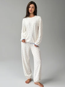 DAZY Women's Ditsy Floral Long Sleeve Top And Drawstring Waist Long Pants Pajama Set - White - View 4