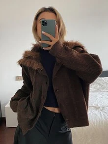 DAZY Women's Loose Casual Cardigan With Fur Collar Winter - Brown - View 1