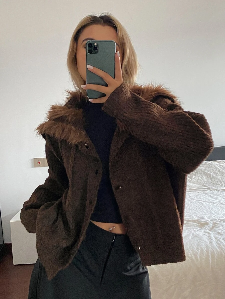 DAZY Women's Loose Casual Cardigan With Fur Collar Winter - Brown - View 1