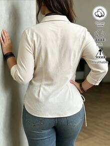 Weeklong Plus Size Women's Autumn/Winter Waist Ruched Drawstring Casual Commute Blouse - Apricot - View 2