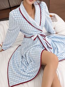 Napfluff Casual Plaid Fleece Print Contrast Color Red Trim Lapel Long Sleeve Women's Loungewear Robe - Baby Blue - View 5