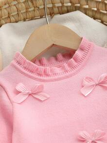 SHEIN Baby Girls Sweater Dress, Bow Lace Trim Round Neck Long‑Sleeve Dress - Baby Pink - View 6
