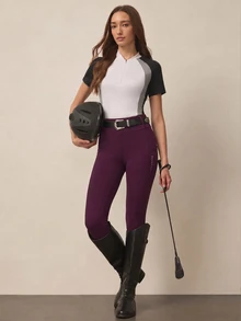 Dewbera Dewbera Women's Fall Sports Equestrian Pants, Black Tight Regular Waist With Ear Loops, Side Pockets, Reflective Dots, Optimized Pattern, 9/10 Length - Purple - View 4
