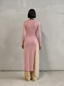 BamGlimmer 女款秋季情人節新年假期不對稱側開衩綁帶長袖T恤，度假休閒優雅早午餐風，粉色 - 粉色 - 查看 3