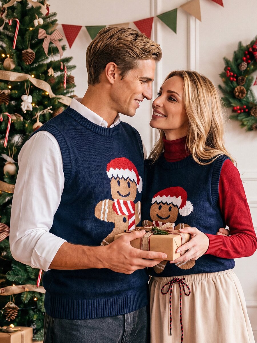 Manfinity Homme Men's Gingerbread Man Pattern Crew Neck Casual Versatile Knit Vest - Navy Blue - View 1