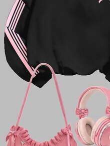 黑色與粉色復古時尚對比色運動條紋，女孩粉色迷你蝴蝶結圖案印花，女款/女孩休閒百搭抓絨圓領長袖衛衣與內搭褲2件套，新風格適合秋冬日常、外出、校園、運動、隨性時尚，美式街頭風女孩，甜酷休閒時尚 - 白色 - 查看 6
