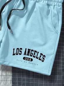 Manfinity Homme Men's Letter Print Drawstring Waist Pocket Shorts - Baby Blue - View 4