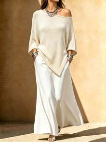 Ceyna Plus Size Women Solid Khaki Cape Shawl Sweater Casual Versatile Daily Knit Top Suitable For Spring Summer Autumn - Khaki - View 1