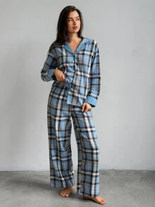 DAZY Women's Plaid Long Sleeve Top And Pants Casual Daily Home Pajama Set - Blue - View 5