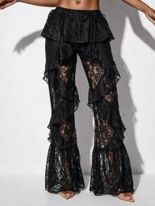 Aveloria GENKIRA Pants Ruffle Flare Lace Sheer Multi-Layered Modern Black Floral Women Sheer Ruffle Flare Pants Halloween - Black - View 4