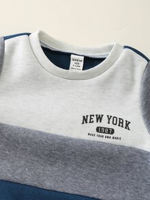 SHEIN 男嬰/幼兒 3件組秋冬保暖內裡加厚休閒可愛拼色拼接衛衣套裝，保暖內裡背心填充外套，嬰兒冬季套裝，刷毛加厚 - 藏蓝色 - 查看 3