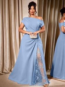 Cravure Women's Plus Size Party Date Banquet Cocktail Wedding Simple Elegant Cold Shoulder Lace Trim Slit Pleated Asymmetric Neckline Solid Color Long Dress - Dusty Blue - View 1