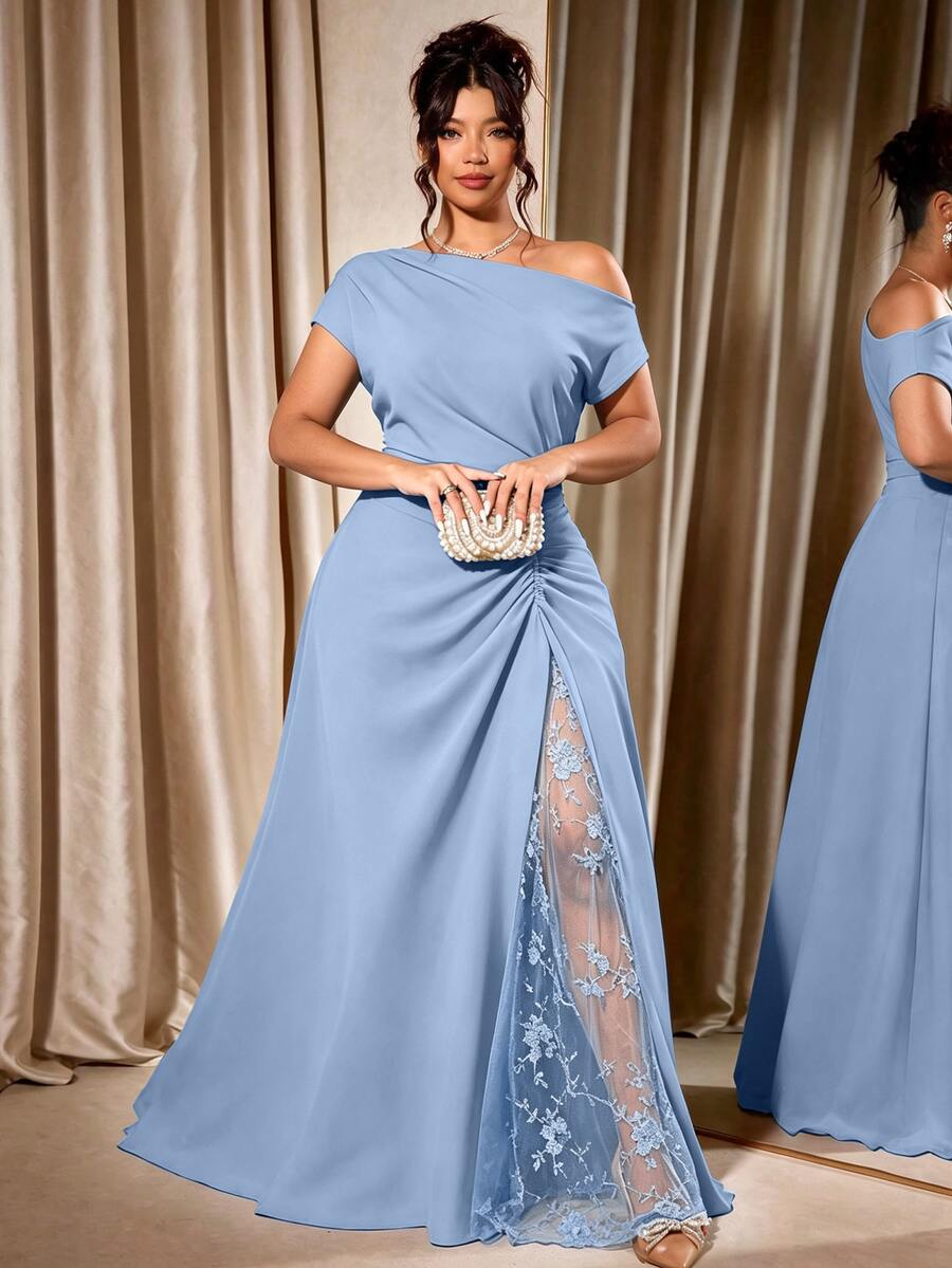 Cravure Women's Plus Size Party Date Banquet Cocktail Wedding Simple Elegant Cold Shoulder Lace Trim Slit Pleated Asymmetric Neckline Solid Color Long Dress - Dusty Blue - View 1