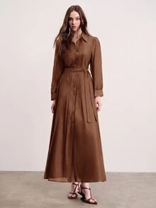 Aveloria Modichic Commuter Design, Belt Waist Decoration, Fashionable Elegant Pleated Quilted Versatile Slimming Long Dress - Brown - View 3