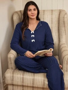Doze Lane Plus Size Bow Decor Frill Trim Ribbed Knit Pajama Set - Navy Blue - View 7