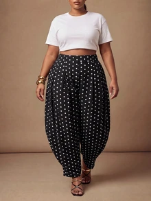 Zivah Plus Size Street Polka Dot Print Pocket Pants For Commute And Vacation - Black - View 9