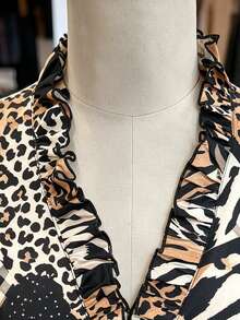 Linhara Plus Size Women's Autumn/Winter Asymmetrical Leopard Print Ruffle V-Neck Casual Long Sleeve Blouse - Khaki - View 6
