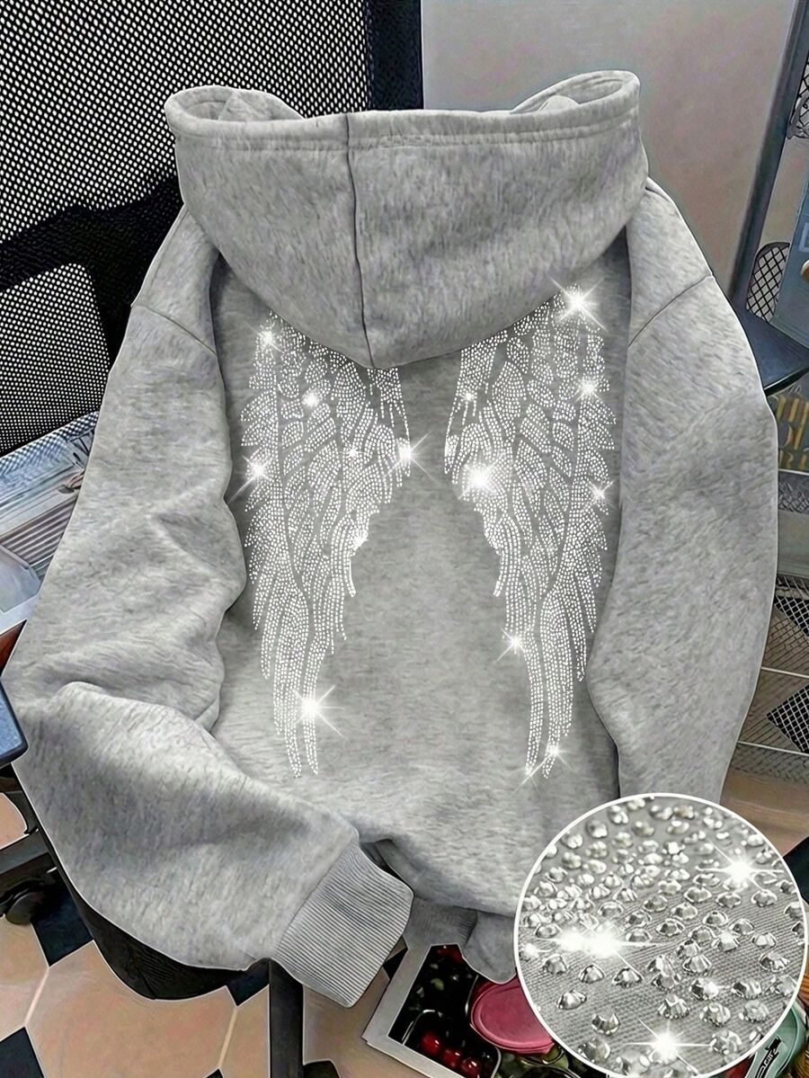 青少年女孩秋冬黑色寬鬆連帽長袖套頭衛衣,背面大翅膀水鑽裝飾,休閒百搭街頭風上衣,適合日常穿著、校園與聚會 - 灰色 - 查看 1