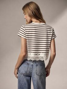 Willow Rêve Women's White Lace Loose Patchwork T-Shirt, Casual Vacation Style, Boho Style, Valentine's Day, Sports - Khaki - View 2