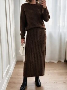 Louniche Vintage Commuter Style Cable Knit 2 Pieces Set, Autumn/Winter Gentle Intellectual Style Round Neck Raglan Sleeve Top + High Waist Diamond Pattern Slit Long Skirt Set, Versatile Commuter & Date Outfit For Women - Chocolate Brown - View 4