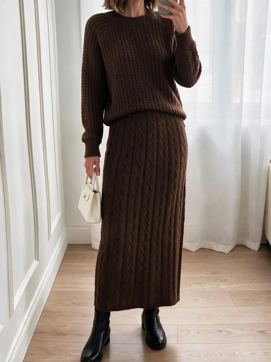Louniche Vintage Commuter Style Cable Knit 2 Pieces Set, Autumn/Winter Gentle Intellectual Style Round Neck Raglan Sleeve Top + High Waist Diamond Pattern Slit Long Skirt Set, Versatile Commuter & Date Outfit For Women - Chocolate Brown - View 1